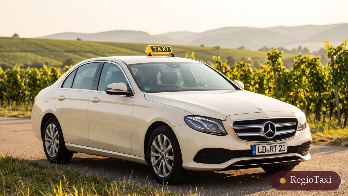 Beige Mercedes E-Klasse (LD RT 21) von RegioTaxi vor Weinbergen