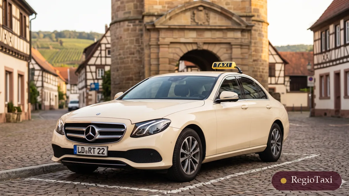 Beige Mercedes E-Klasse (LD RT 22) am historischen Stadttor in der Südpfalz