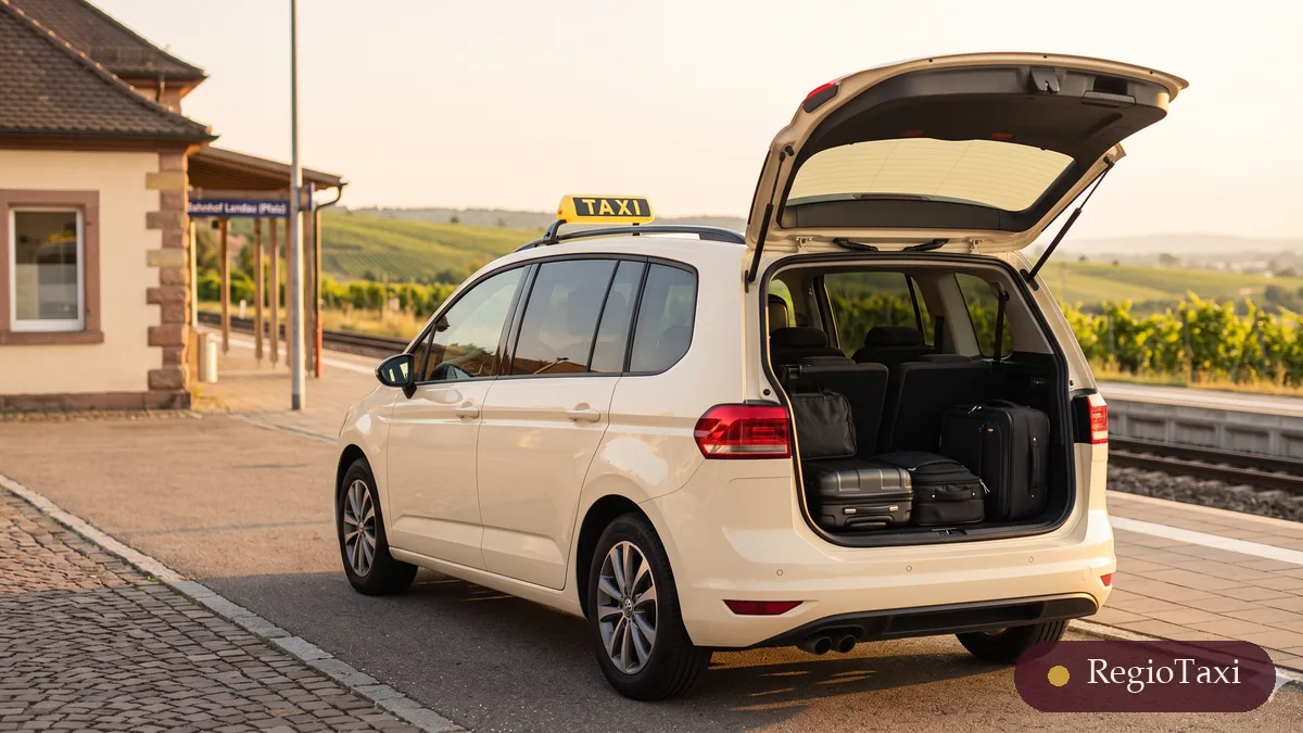 Beige VW Touran (LD RT 23) mit offenem Kofferraum am Bahnhof Landau