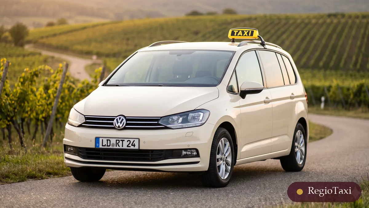 Beige VW Touran (LD RT 24) auf einer Weinstraße in der Südpfalz